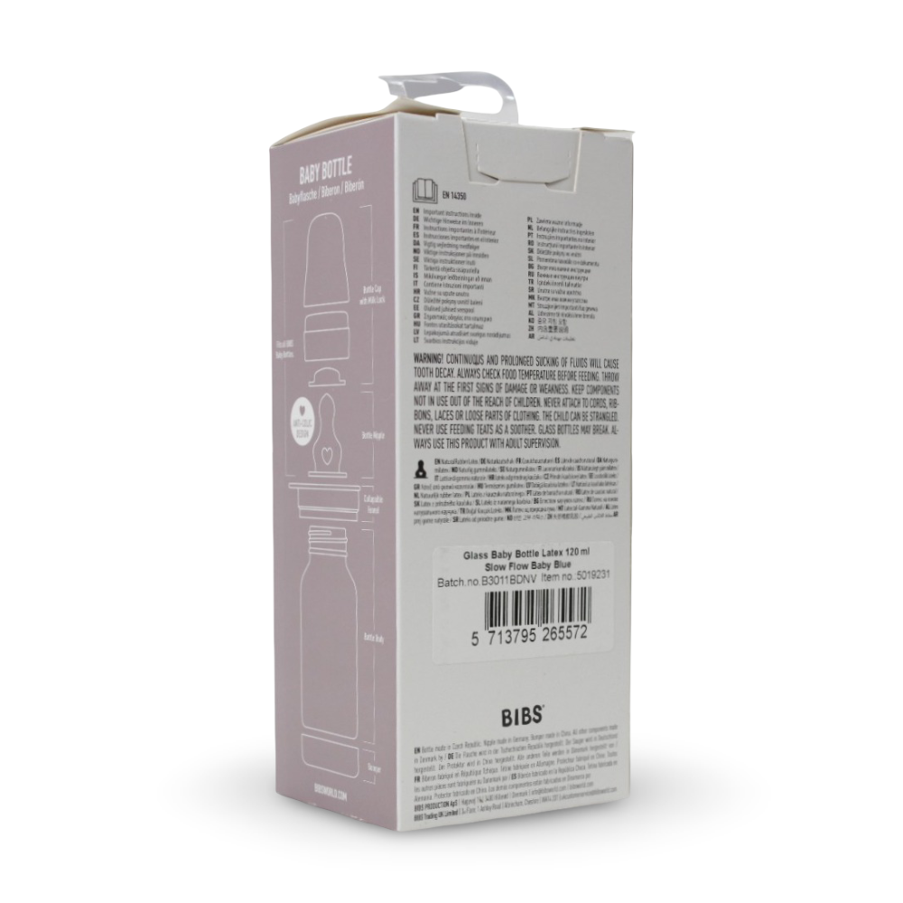 BIBS Glass Baby Bottle Round Latex - 1 pack 120 ml Slow Flow Baby Blue