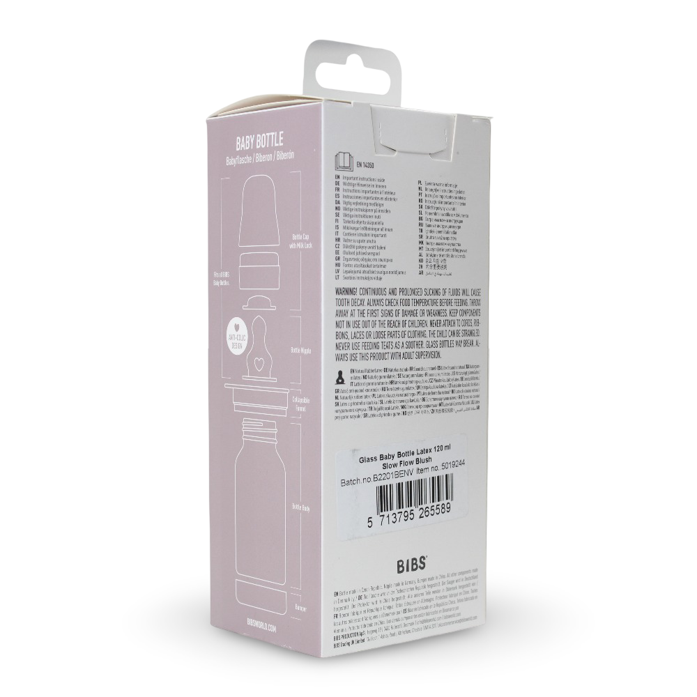 BIBS Glass Baby Bottle Round Latex - 1 pack 120 ml Slow Flow Blush