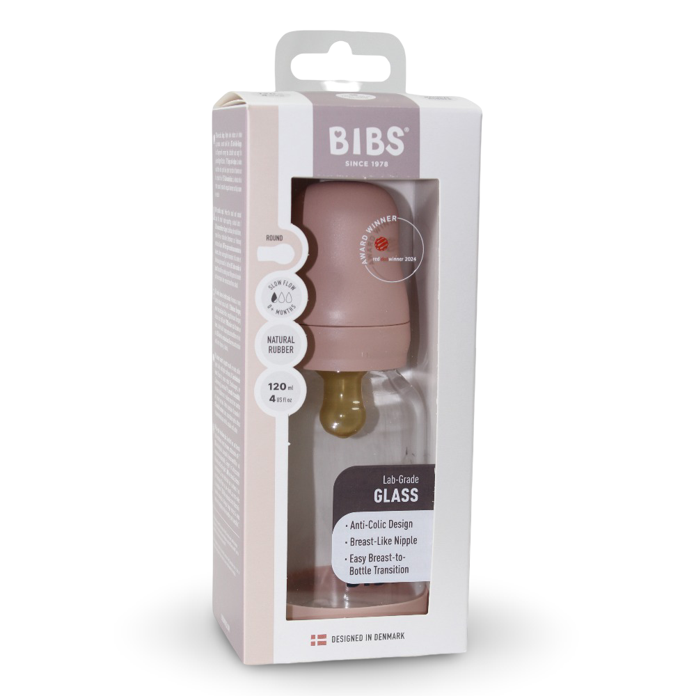 BIBS Glass Baby Bottle Round Latex - 1 pack 120 ml Slow Flow Blush