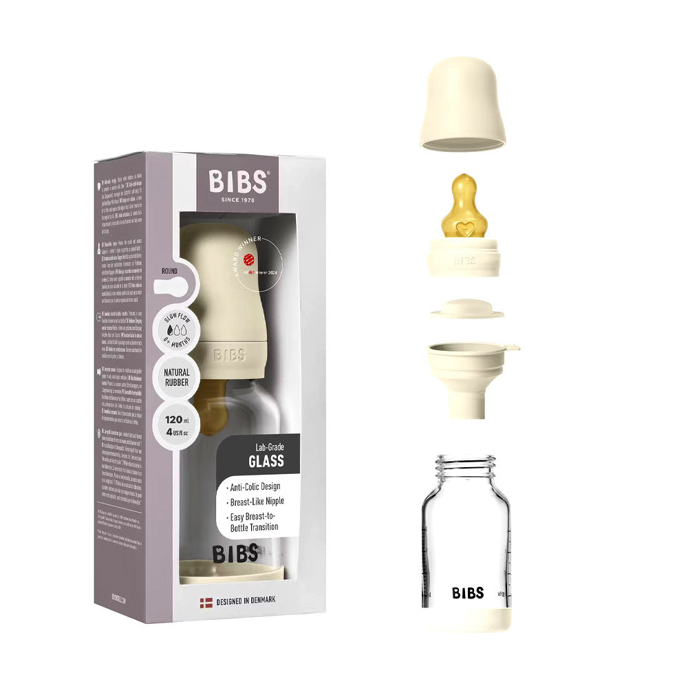 BIBS Glass Baby Bottle Round Latex - 1 pack 120 ml Slow Flow Ivory - Baby Essentials