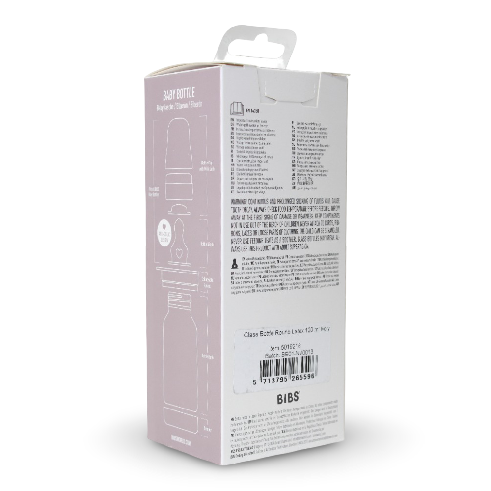 BIBS Glass Baby Bottle Round Latex - 1 pack 120 ml Slow Flow Ivory