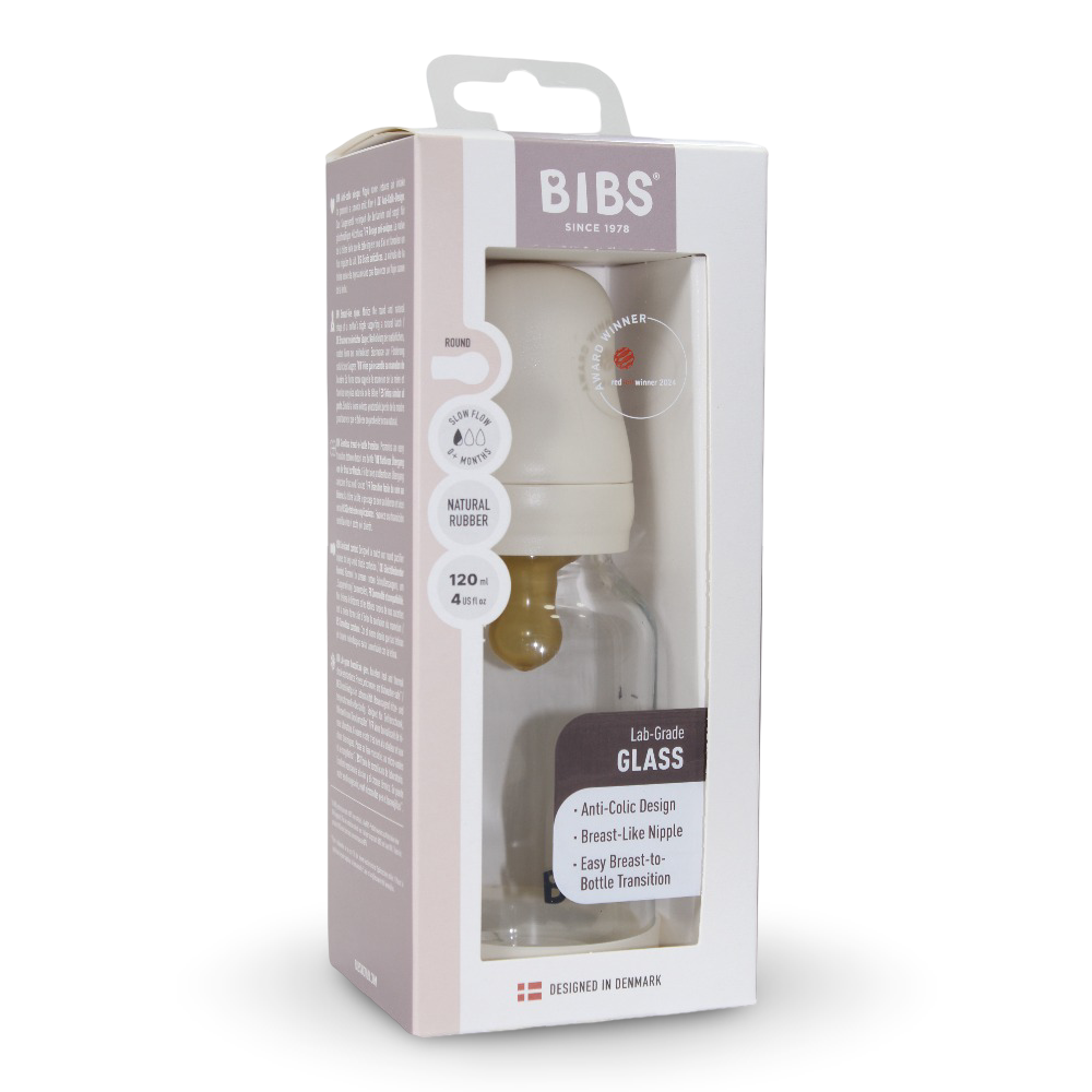 BIBS Glass Baby Bottle Round Latex - 1 pack 120 ml Slow Flow Ivory