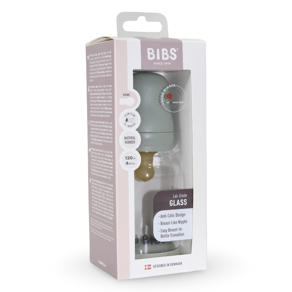BIBS Glass Baby Bottle Round Latex - 1 pack 120 ml Slow Flow Sage