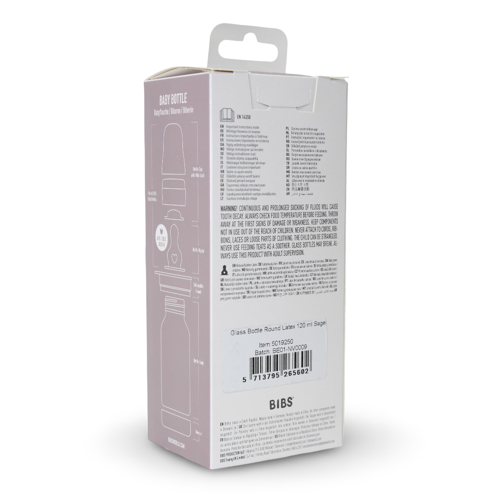 BIBS Glass Baby Bottle Round Latex - 1 pack 120 ml Slow Flow Sage