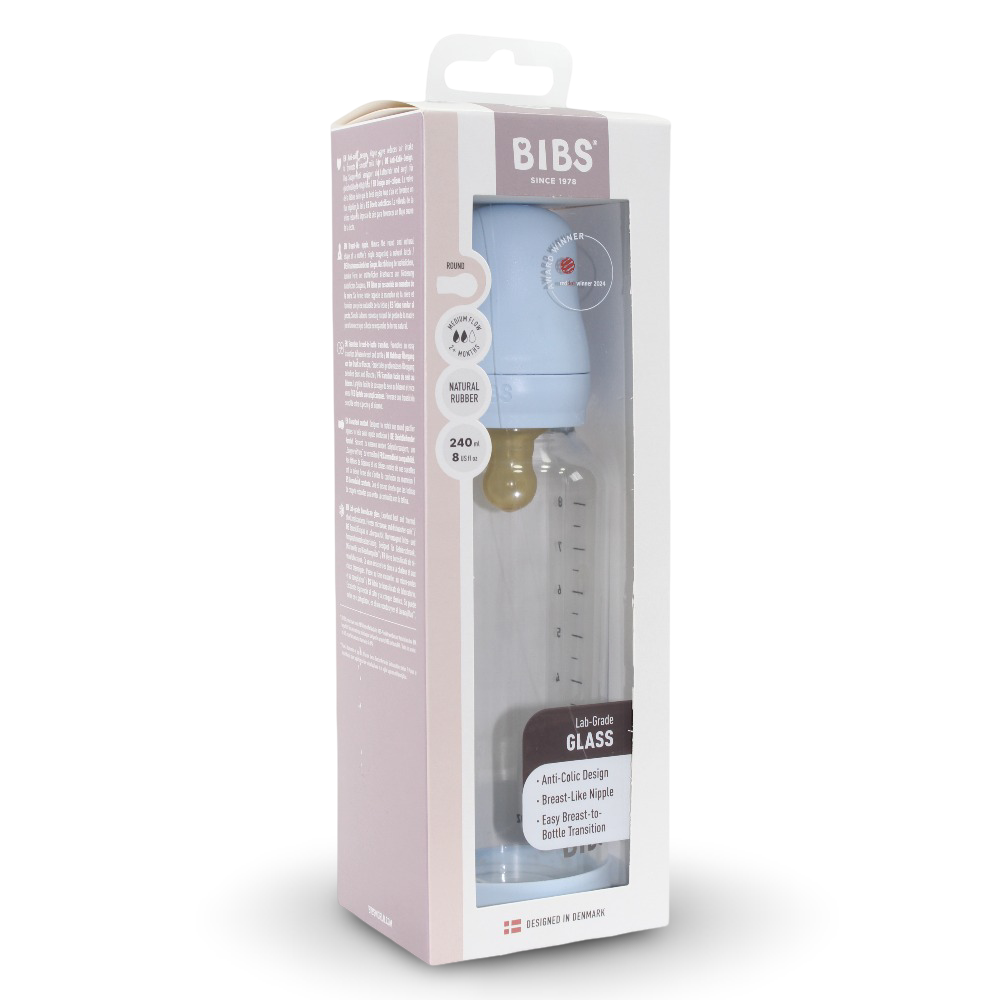 BIBS Glass Baby Bottle Round Latex - 1 pack 240 ml Medium Flow Baby Blue