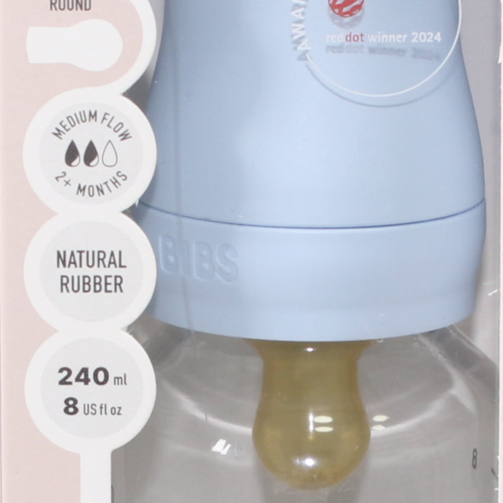 BIBS Glass Baby Bottle Round Latex - 1 pack 240 ml Medium Flow Baby Blue