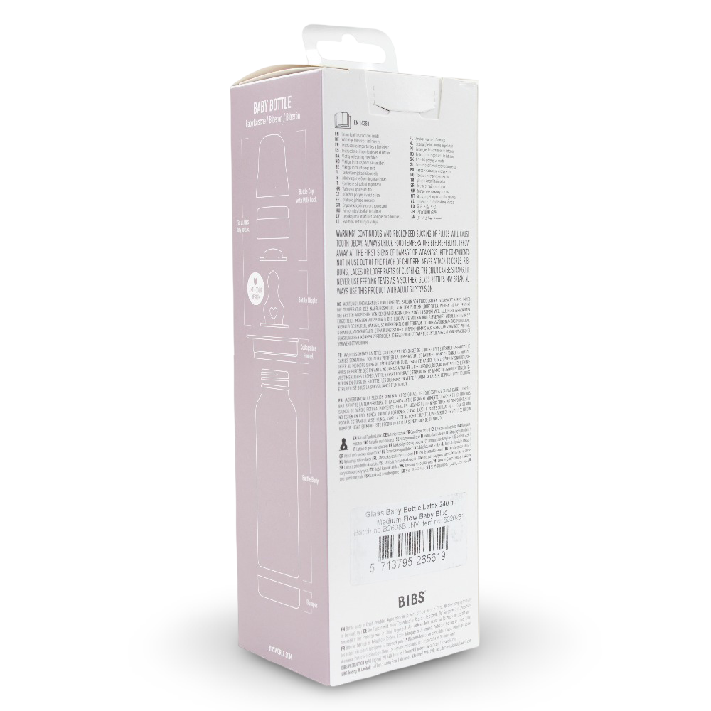 BIBS Glass Baby Bottle Round Latex - 1 pack 240 ml Medium Flow Baby Blue