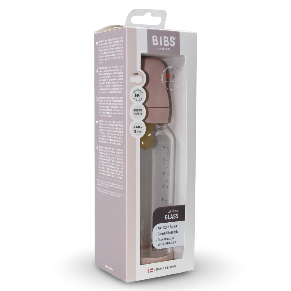 BIBS Glass Baby Bottle Round Latex - 1 pack 240 ml Medium Flow Blush