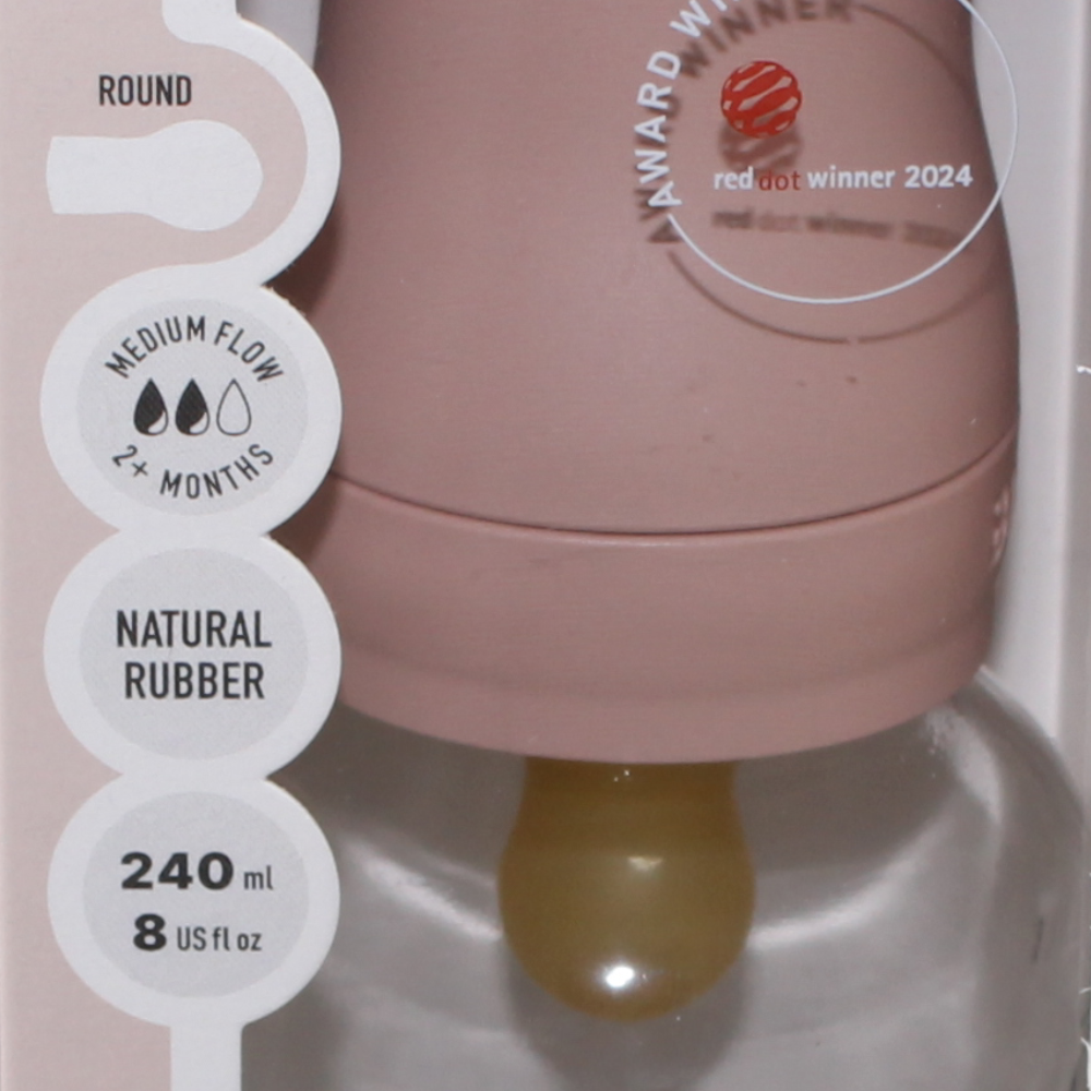 BIBS Glass Baby Bottle Round Latex - 1 pack 240 ml Medium Flow Blush