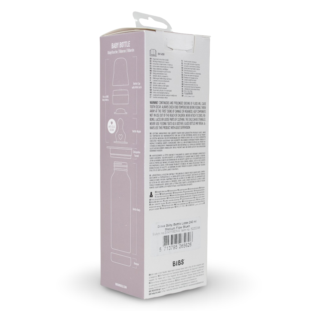 BIBS Glass Baby Bottle Round Latex - 1 pack 240 ml Medium Flow Blush
