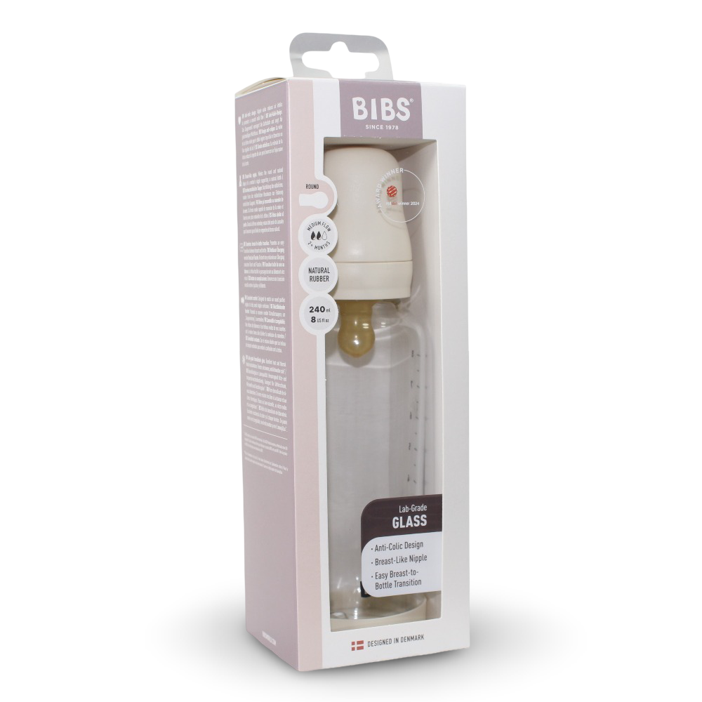 BIBS Glass Baby Bottle Round Latex - 1 pack 240 ml Medium Flow Ivory