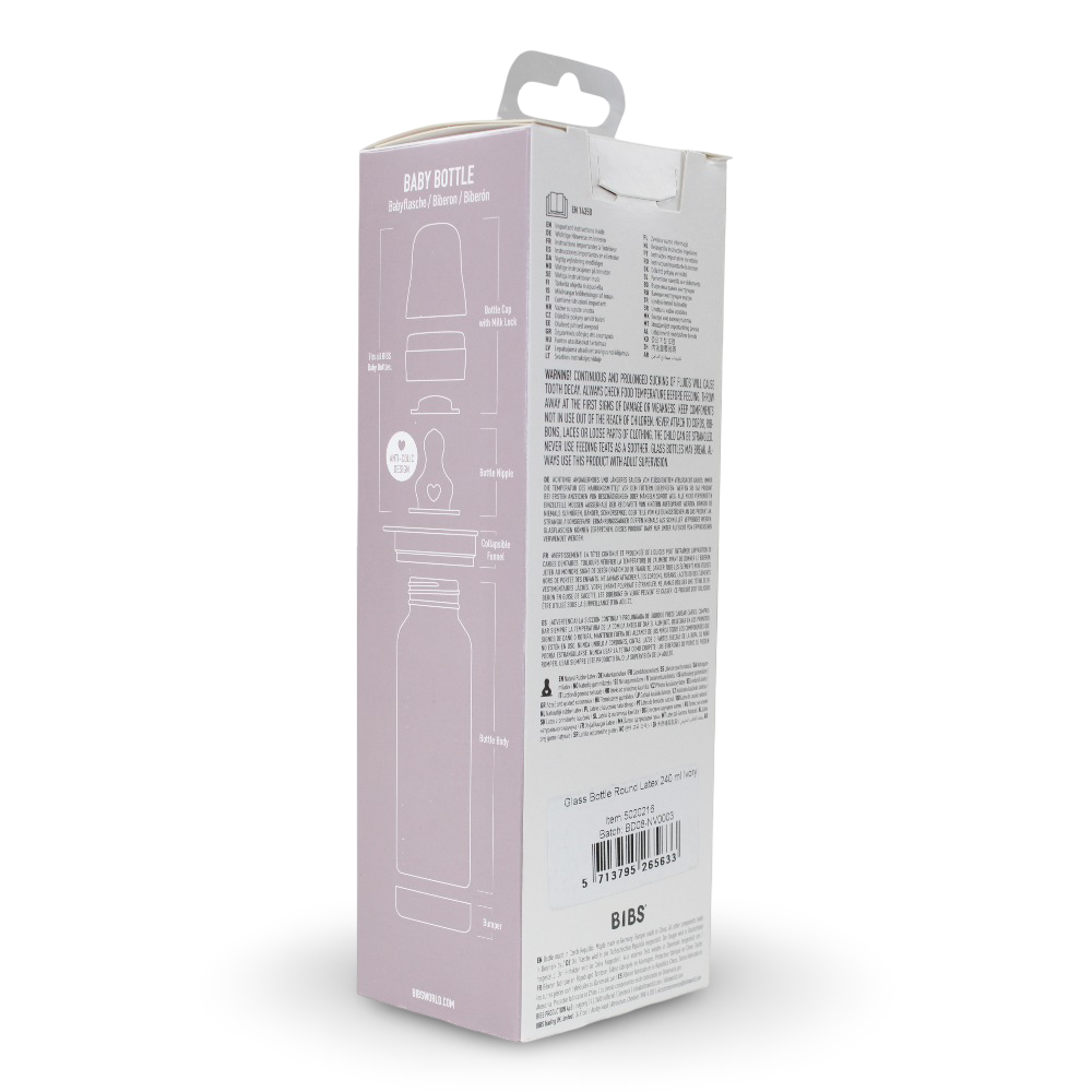 BIBS Glass Baby Bottle Round Latex - 1 pack 240 ml Medium Flow Ivory