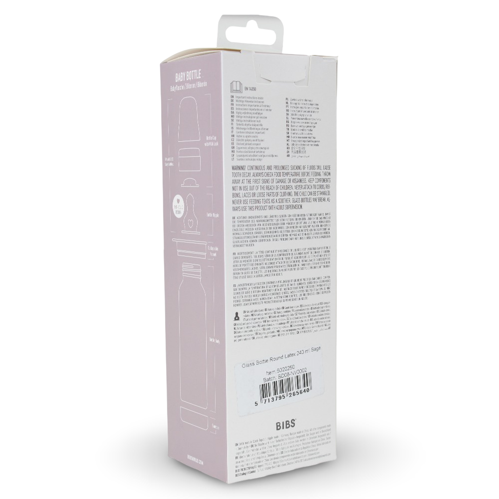 BIBS Glass Baby Bottle Round Latex 1 pack 240 ml Medium Flow Sage