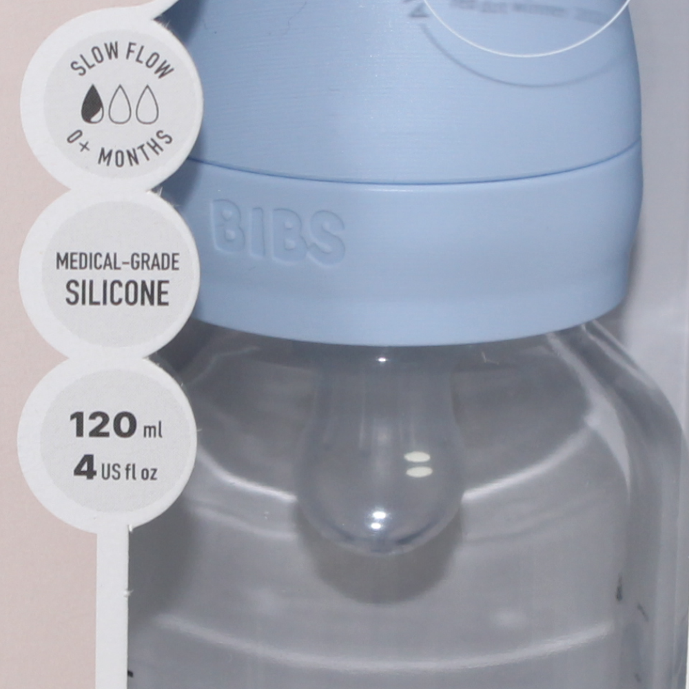 BIBS Glass Baby Bottle Round Silicone - 1 pack 120 ml Slow Flow Baby Blue