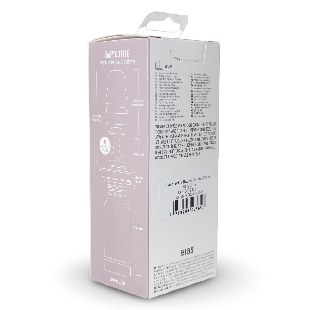 BIBS Glass Baby Bottle Round Silicone - 1 pack 120 ml Slow Flow Baby Blue