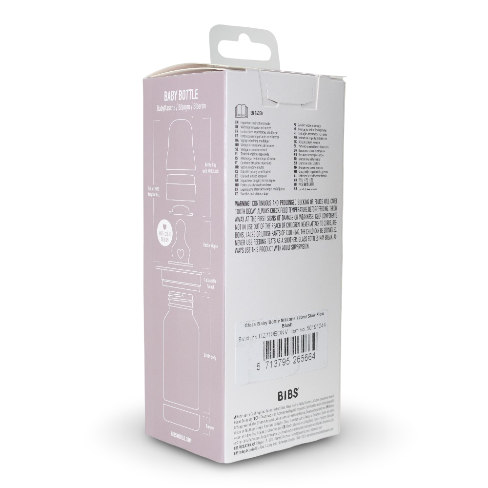 BIBS Glass Baby Bottle Round Silicone - 1 pack 120 ml Slow Flow Blush