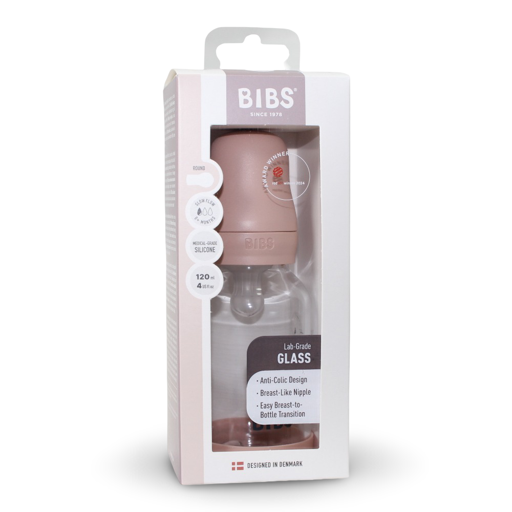 BIBS Glass Baby Bottle Round Silicone - 1 pack 120 ml Slow Flow Blush