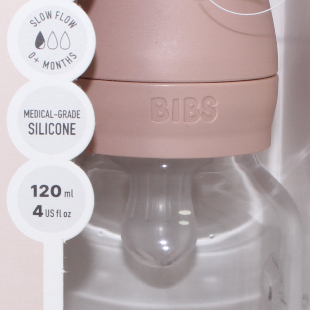 BIBS Glass Baby Bottle Round Silicone - 1 pack 120 ml Slow Flow Blush