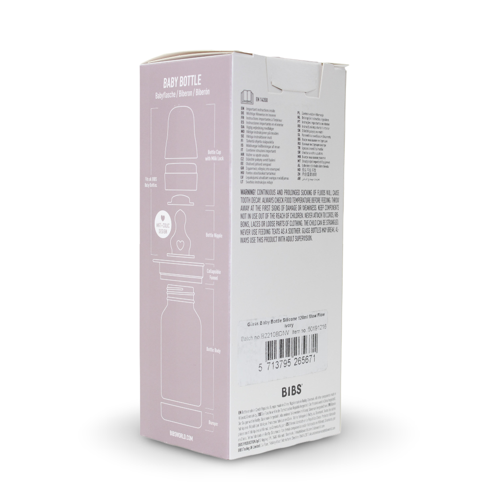 BIBS Glass Baby Bottle Round Silicone - 1 pack 120 ml Slow Flow Ivory