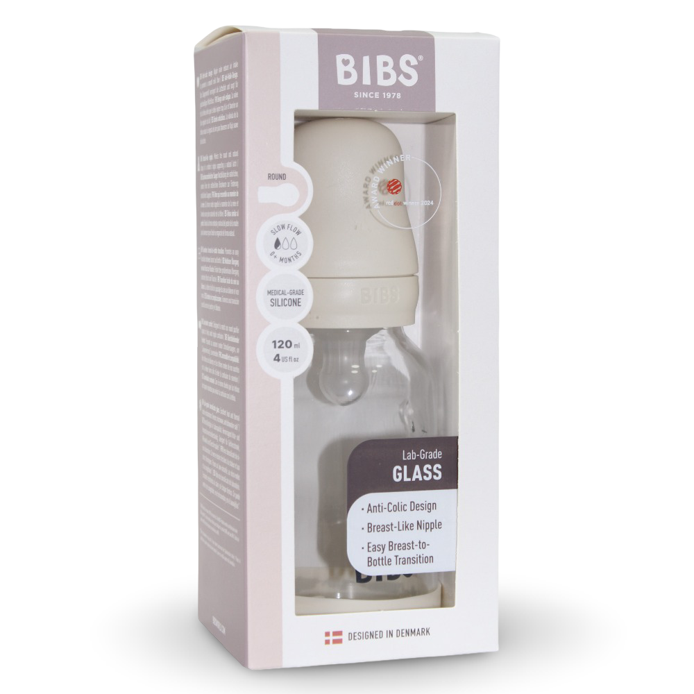 BIBS Glass Baby Bottle Round Silicone - 1 pack 120 ml Slow Flow Ivory
