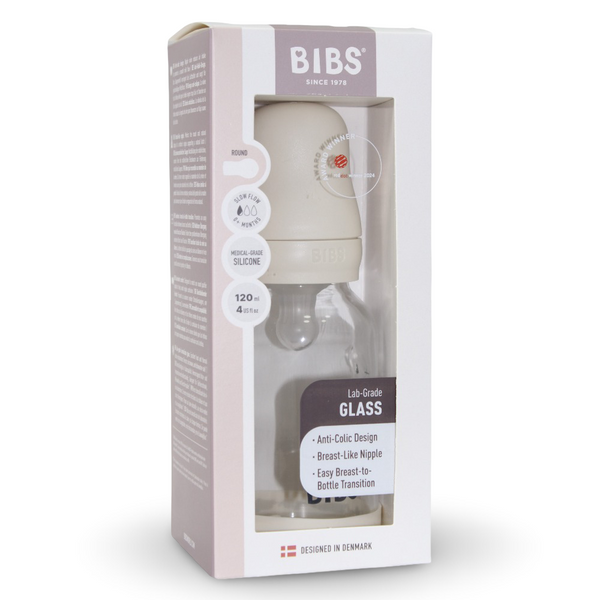 BIBS Glass Baby Bottle Round Silicone - 1 pack 120 ml Slow Flow Ivory
