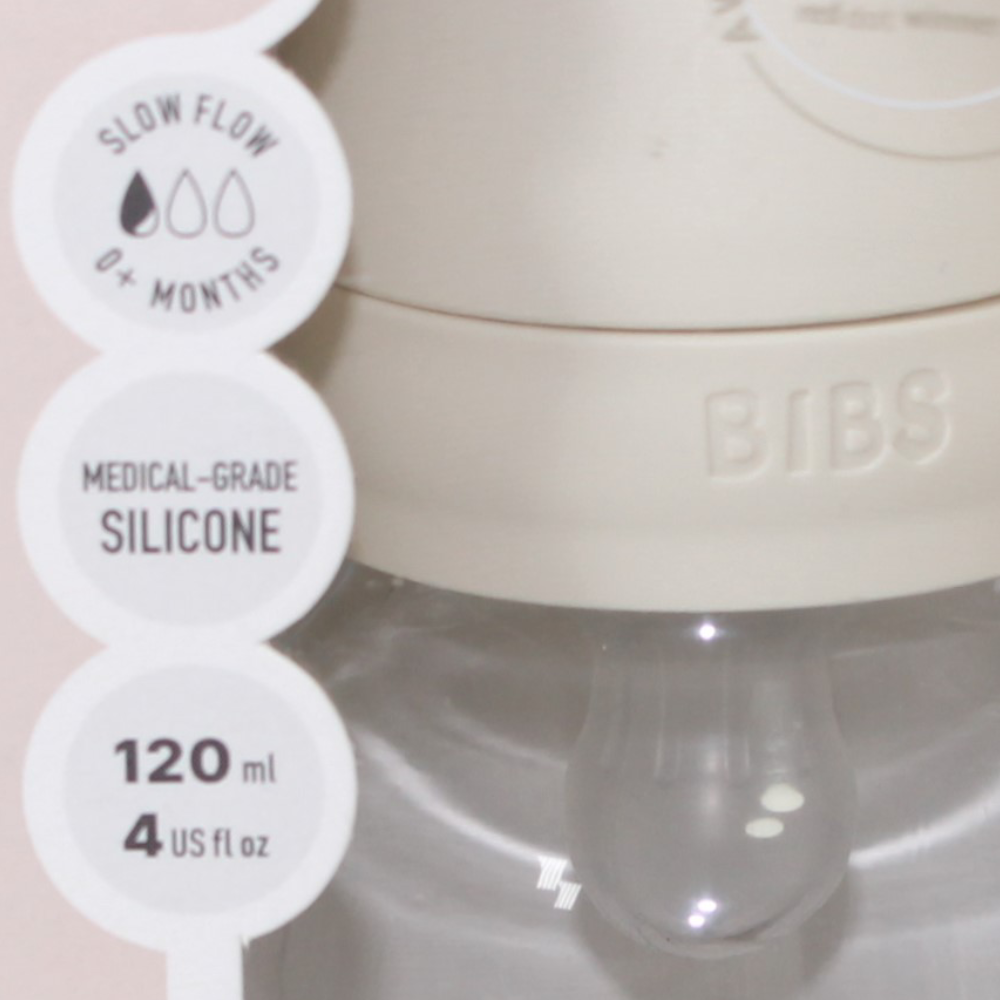 BIBS Glass Baby Bottle Round Silicone - 1 pack 120 ml Slow Flow Ivory
