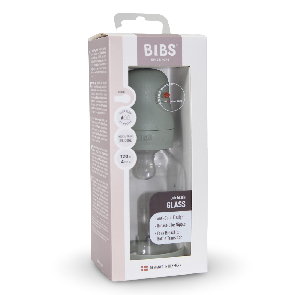 BIBS Glass Baby Bottle Round Silicone - 1 pack 120 ml Slow Flow Sage