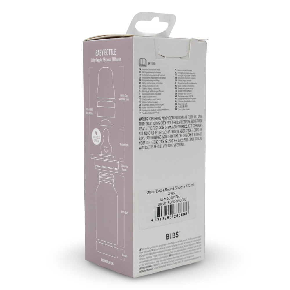 BIBS Glass Baby Bottle Round Silicone - 1 pack 120 ml Slow Flow Sage