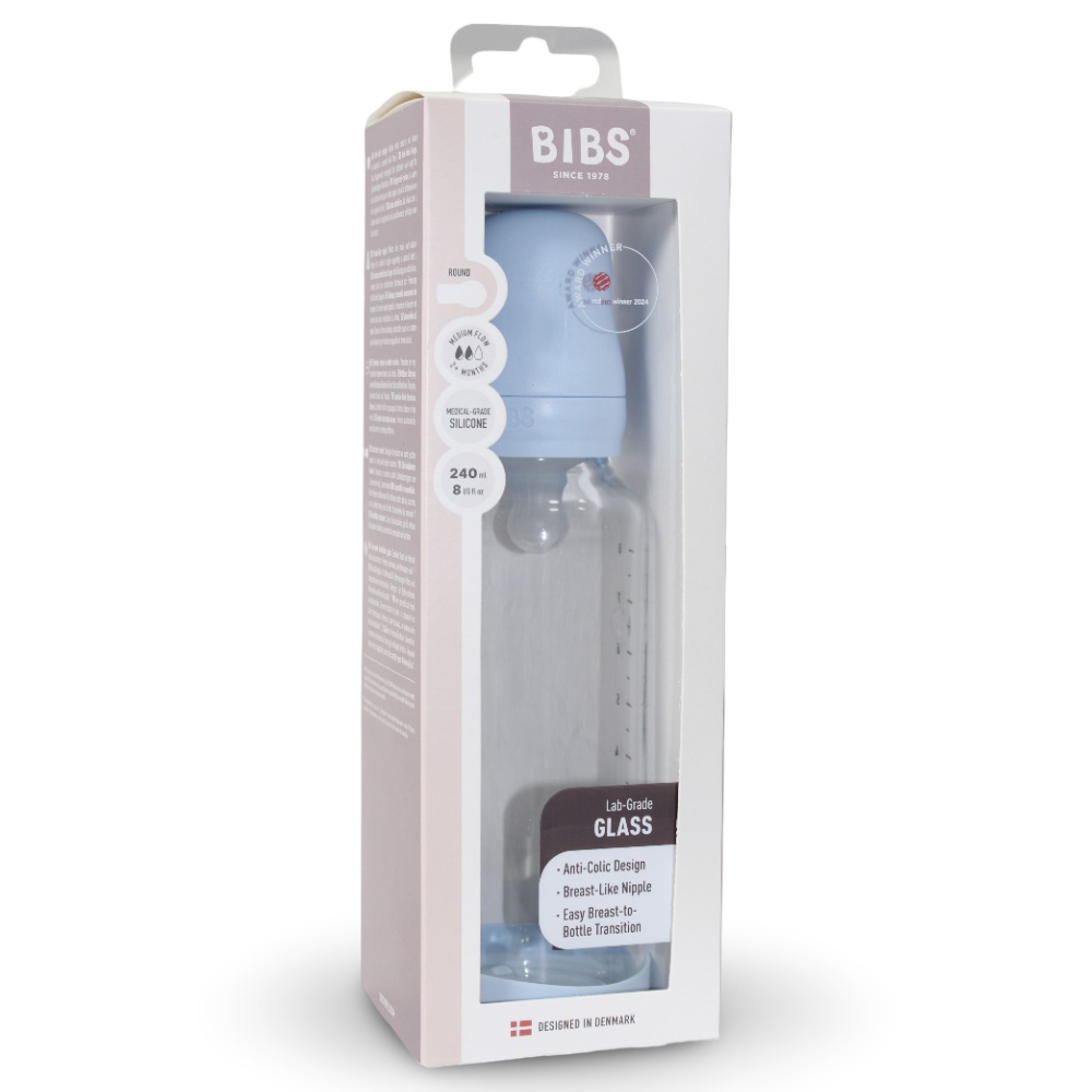 BIBS Glass Baby Bottle Round Silicone - 1 pack 240 ml Medium Flow Baby Blue