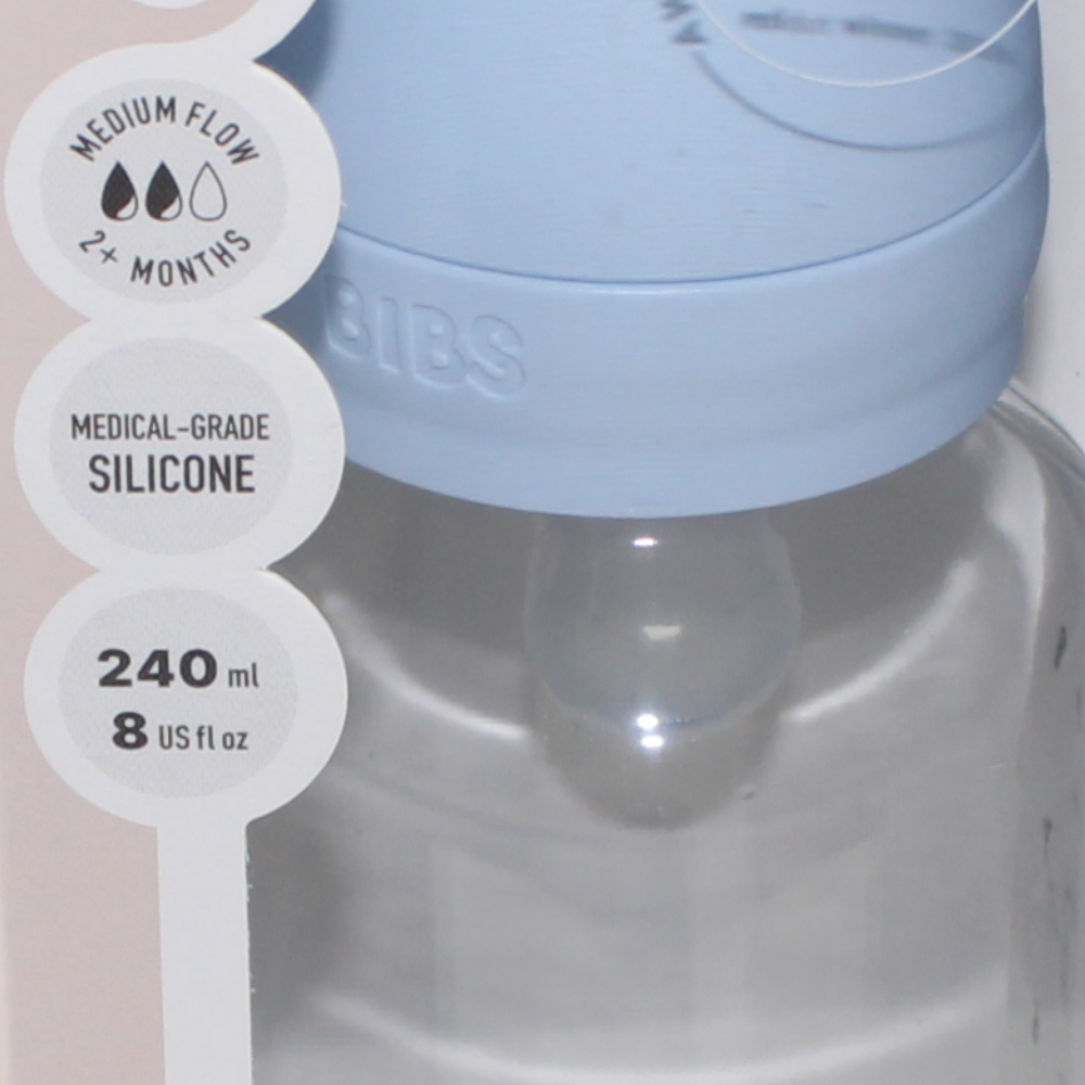 BIBS Glass Baby Bottle Round Silicone - 1 pack 240 ml Medium Flow Baby Blue
