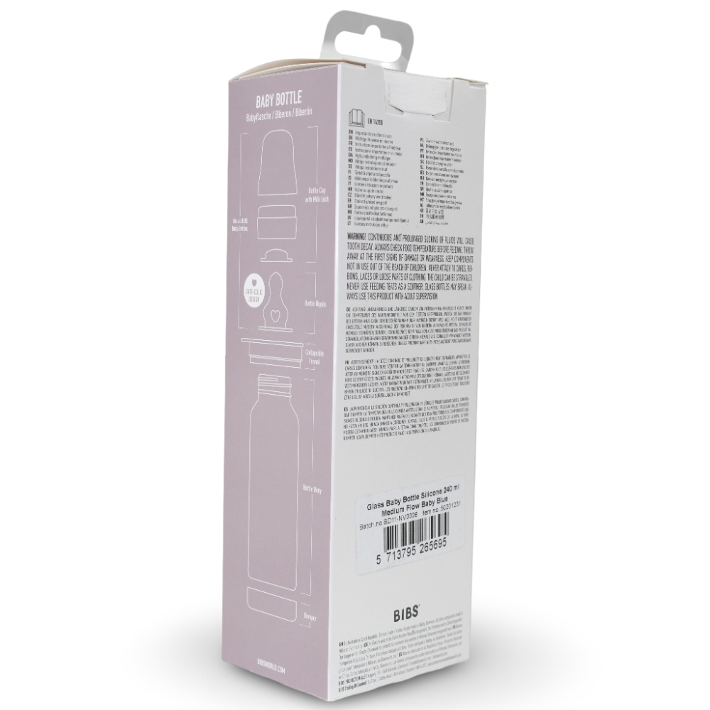 BIBS Glass Baby Bottle Round Silicone - 1 pack 240 ml Medium Flow Baby Blue