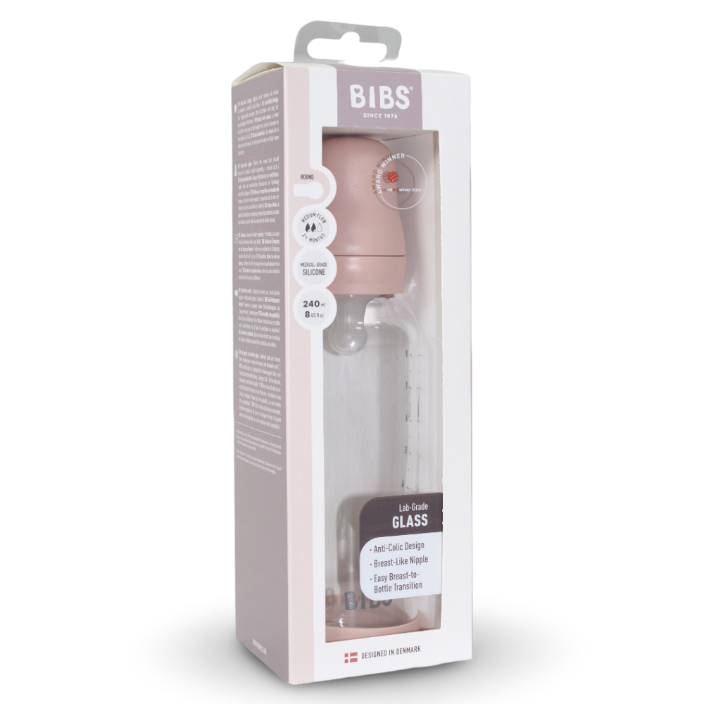 BIBS Glass Baby Bottle Round Silicone - 1 pack 240 ml Medium Flow Blush