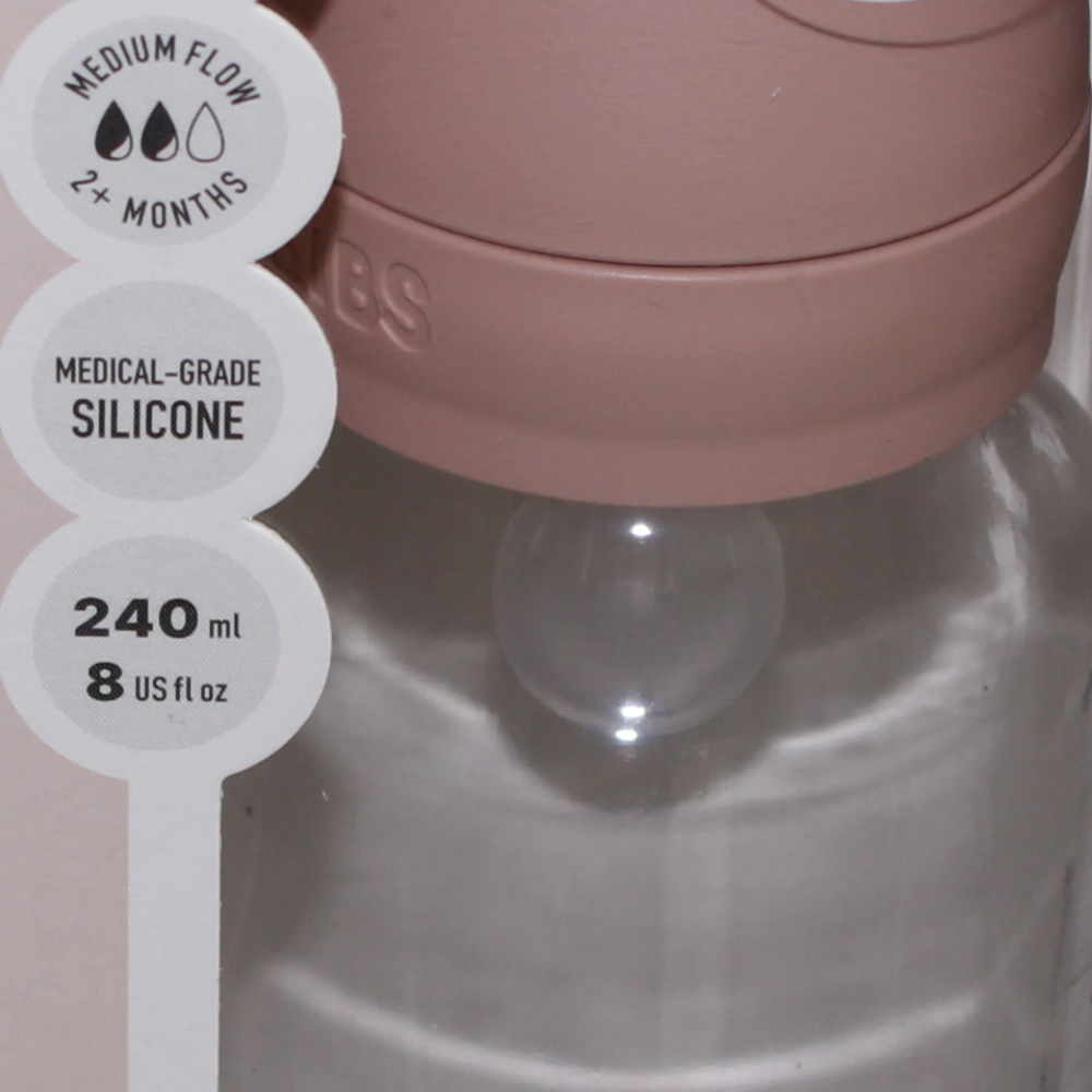 BIBS Glass Baby Bottle Round Silicone - 1 pack 240 ml Medium Flow Blush