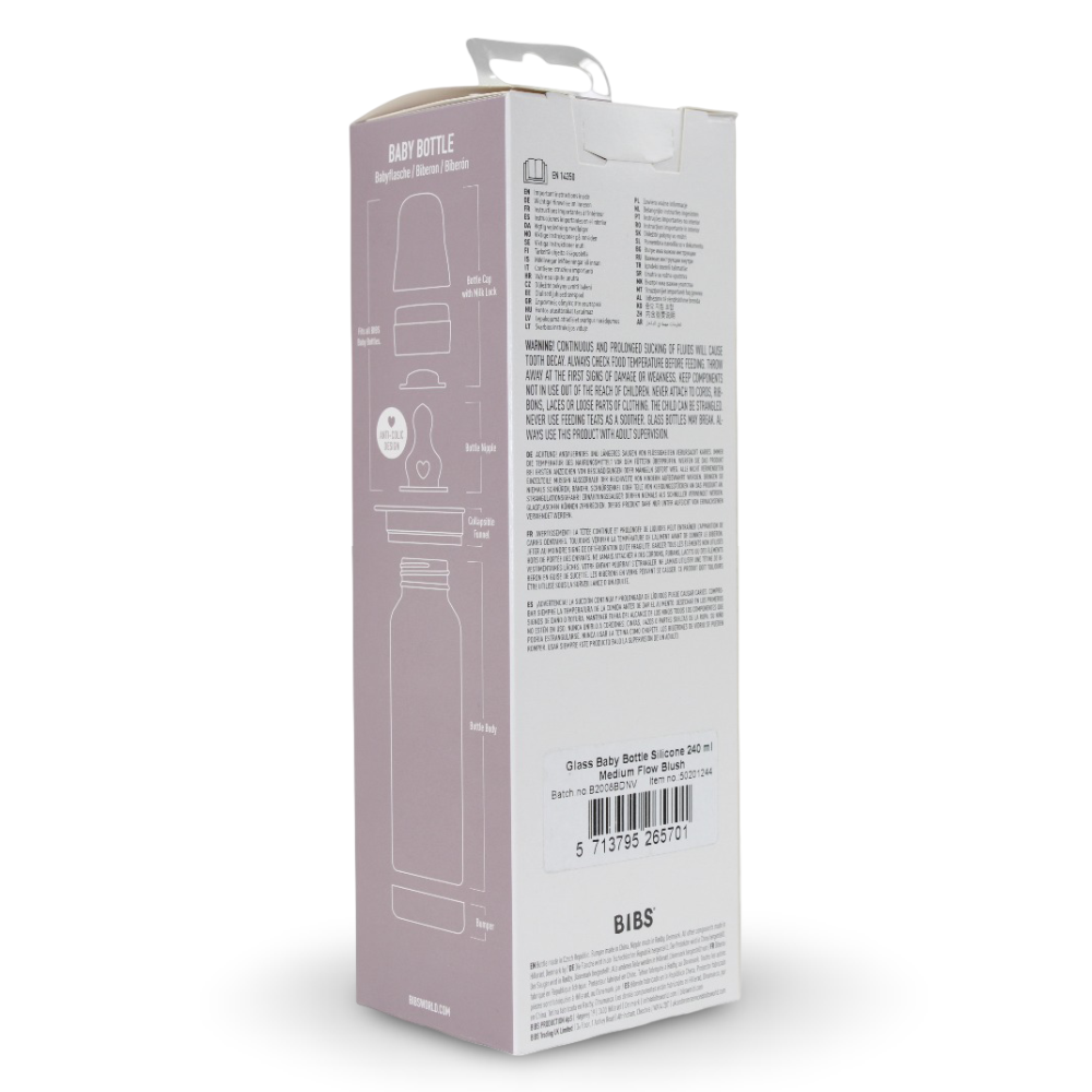 BIBS Glass Baby Bottle Round Silicone - 1 pack 240 ml Medium Flow Blush