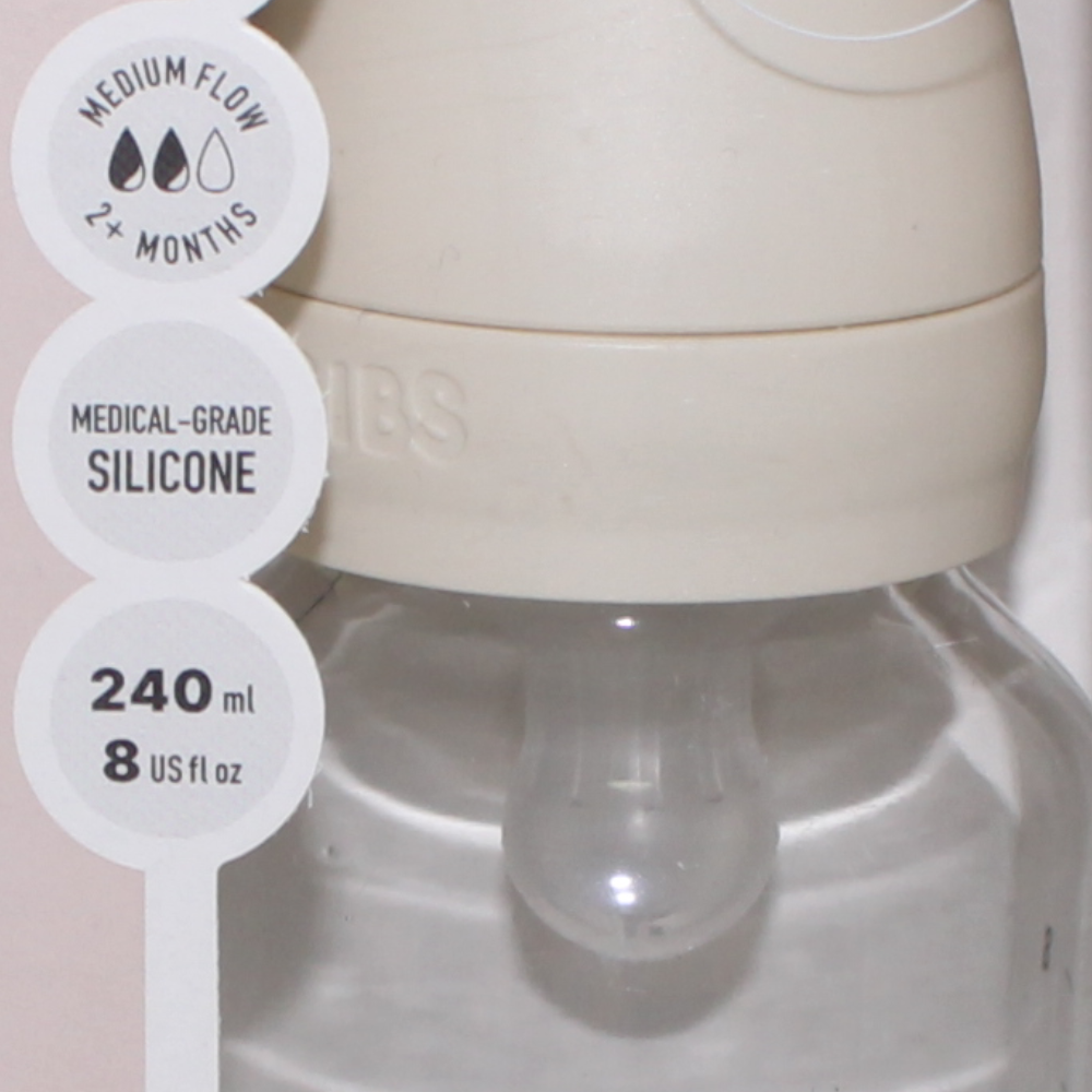 BIBS Glass Baby Bottle Round Silicone - 1 pack 240 ml Medium Flow Ivory