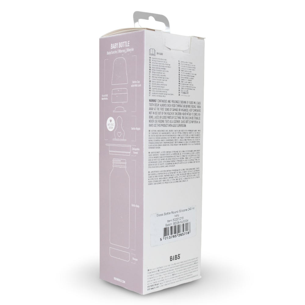 BIBS Glass Baby Bottle Round Silicone - 1 pack 240 ml Medium Flow Ivory