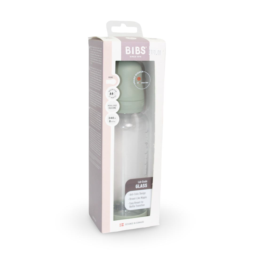BIBS Glass Baby Bottle Complete Set – 240 ml Medium Flow Sage - Baby Essentials
