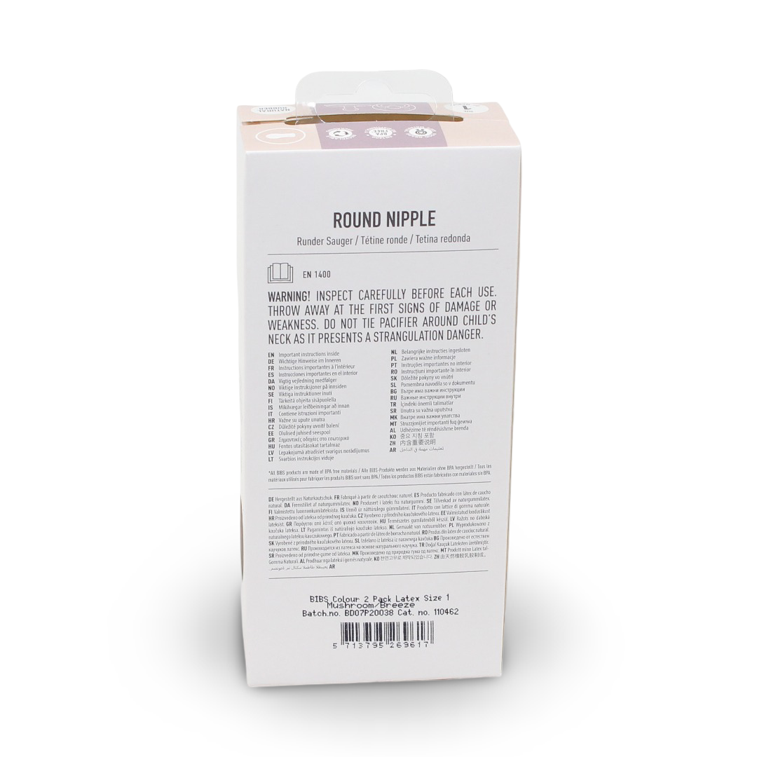 BIBS Pacifier Colour 2 Pack – Latex Size 1 Mushroom/Breeze