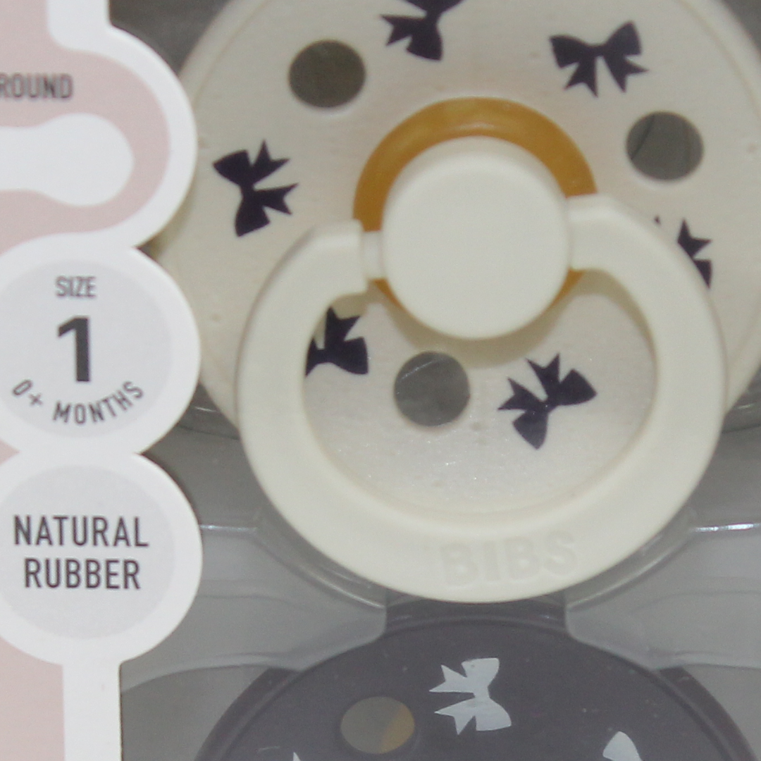 BIBS Pacifier Colour Holiday Bow 2 Pack – Latex Size 1 Ivory/Plum
