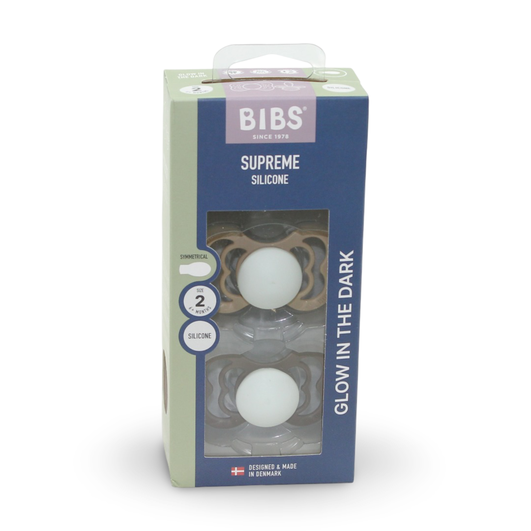 BIBS Pacifier Supreme 2 Pack – Silicone Size 2 Vanilla Glow/Dark Oak Glow - Baby Essentials