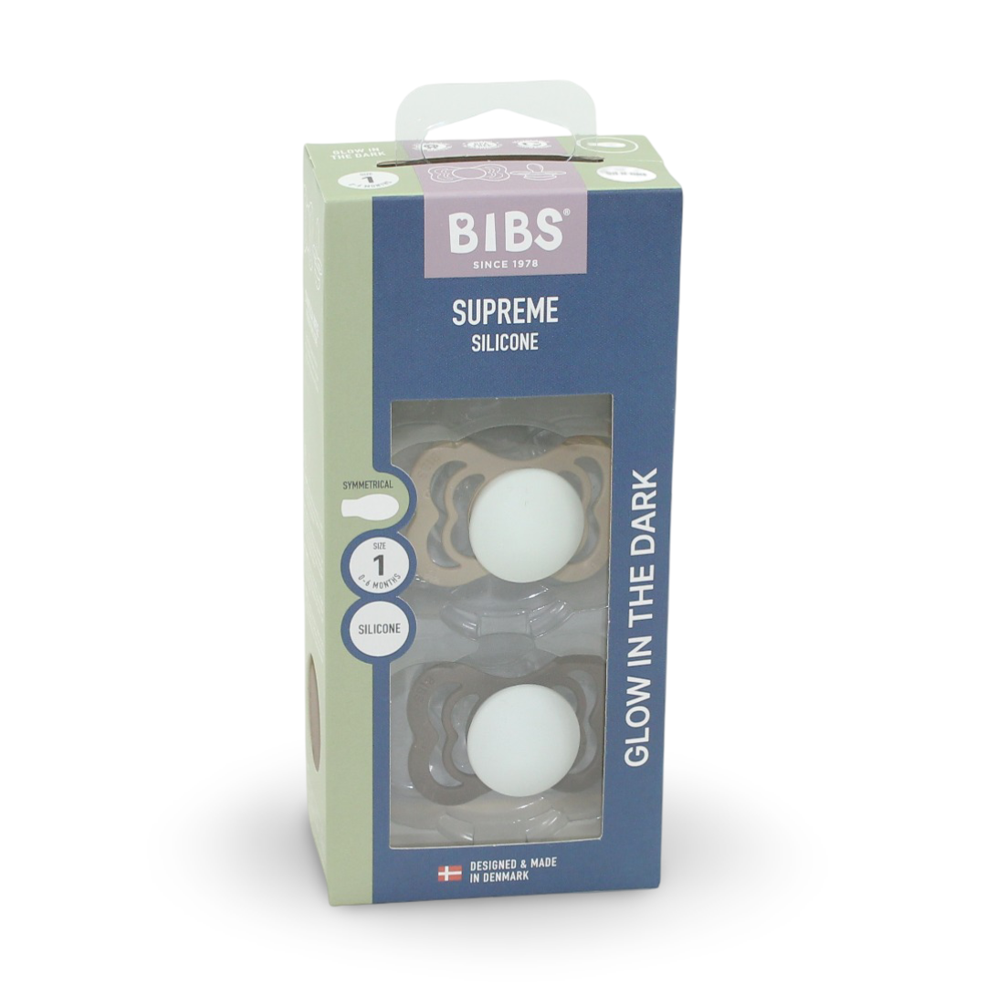 BIBS Pacifier Supreme 2 Pack – Silicone Size 1 Vanilla Glow/Dark Oak Glow - Baby Essentials