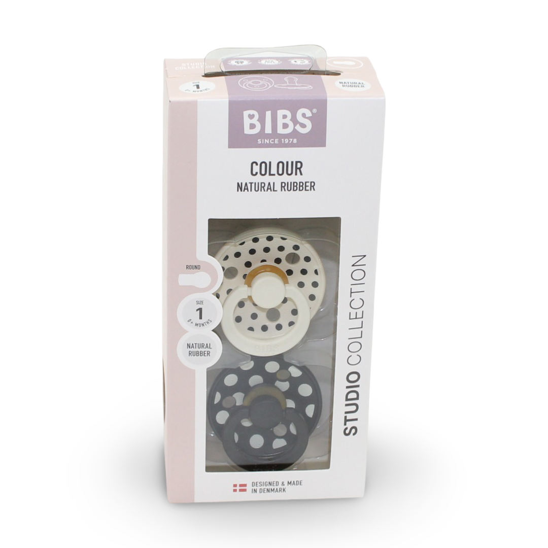 BIBS Pacifier Studio Colour 2 Pack – Polka Latex Size 1 Ivory/Black
