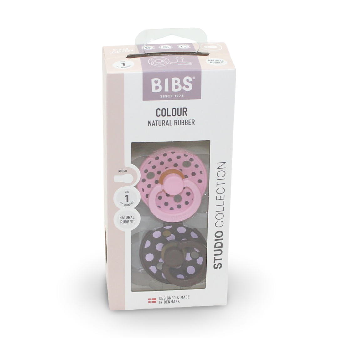 BIBS Pacifier Studio Colour 2 Pack – Polka Latex Size 1 Baby Pink/Mocha - Baby Essentials