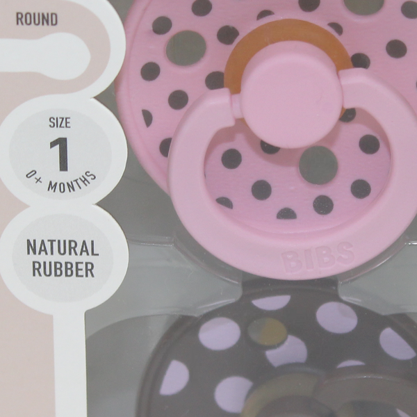 BIBS Pacifier Studio Colour 2 Pack – Polka Latex Size 1 Baby Pink/Mocha