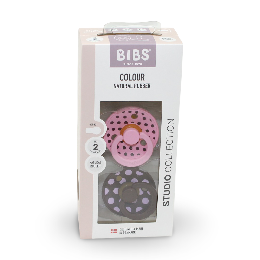 BIBS Pacifier Studio Colour 2 Pack – Polka Latex Size 2 Baby Pink/Mocha - Baby Essentials