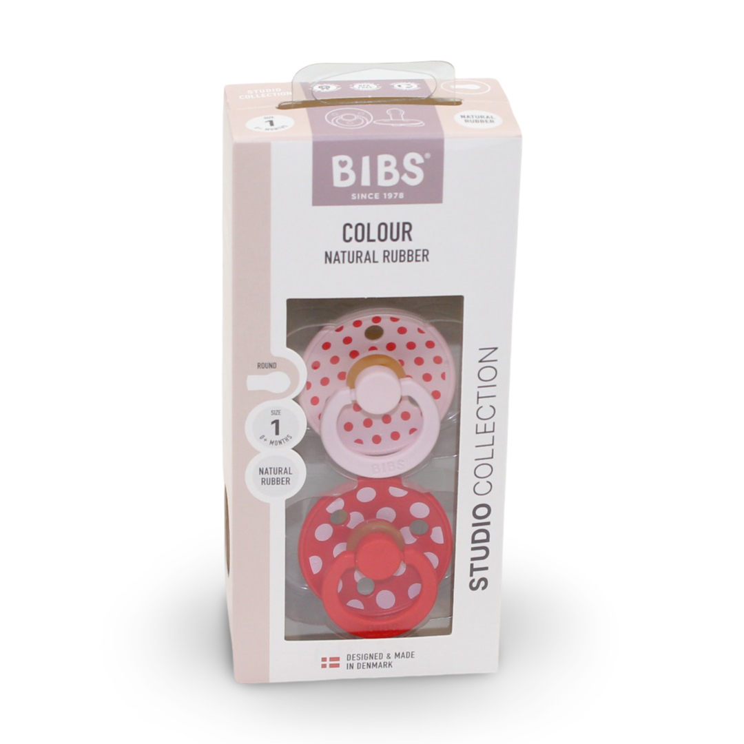 BIBS Pacifier Studio Colour 2 Pack – Polka Latex Size 1 Blossom/Candy Apple - Baby Essentials