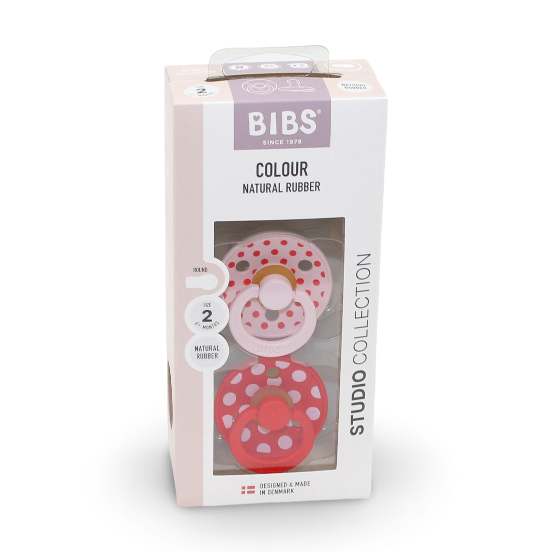 BIBS Pacifier Studio Colour 2 Pack – Polka Latex Size 2 Blossom/Candy Apple