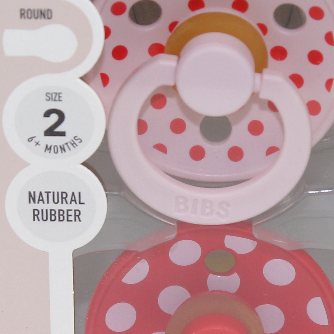 BIBS Pacifier Studio Colour 2 Pack – Polka Latex Size 2 Blossom/Candy Apple