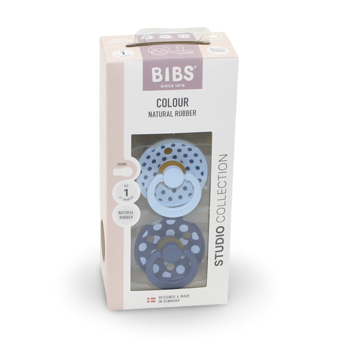 BIBS Pacifier Studio Colour 2 Pack – Polka Latex Size 1 Baby Blue/Steel Blue