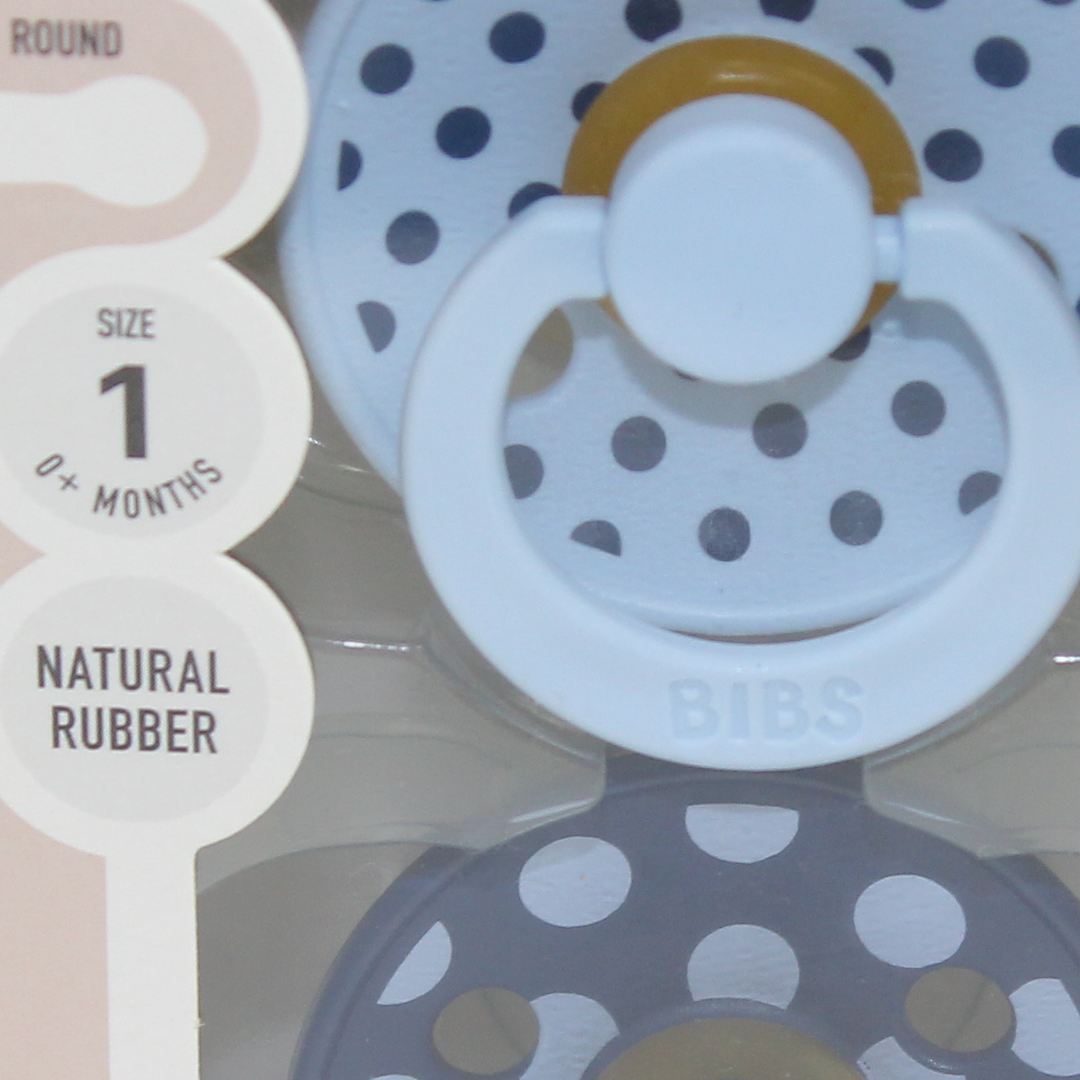 BIBS Pacifier Studio Colour 2 Pack – Polka Latex Size 1 Baby Blue/Steel Blue